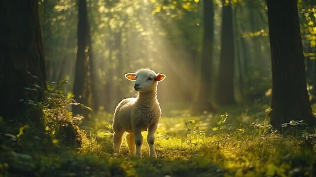 A young sheep lamb frolicked happily in the green meadow under the bright sunshine.
