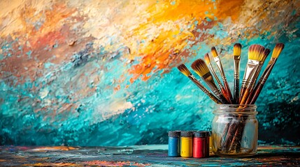Clipart of a vibrant art studio space with an easel holding a colorful painting brushes in a jar and tubes of paint scattered around creative and inspiring