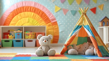 Clipart of a lively playroom with colorful toy bins a miniature slide and a play tent filled with stuffed animals energetic and fun-filled