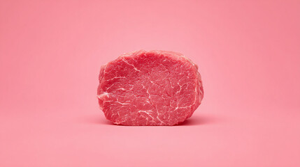 Raw beef meat cut on pastel pink background, fresh marbled protein composition for butcher product or culinary food design