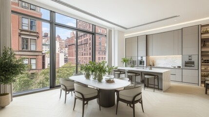 Modern, spacious kitchen with city views.