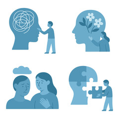Flat vector illustration set about mental health and therapy with people supporting each other