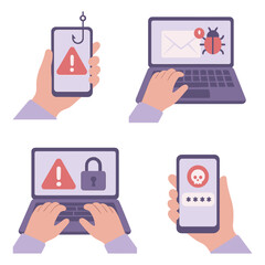 Cybersecurity threats like phishing, malware, and password leaks. Flat vector illustration set
