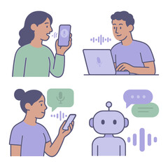 People and robots interacting via voice control and chat vector illustration isolated on transparent background