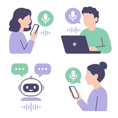 People using voice AI assistants on phone and computer vector illustration set isolated on transparent background