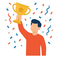 Champion celebrating victory with trophy and confetti Flat vector illustration isolated on transparent background