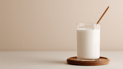 Glass of milk with wooden spoon on coaster over soft beige background, minimal dairy product composition for healthy breakfast or drink concept