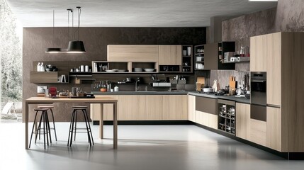 Modern kitchen design featuring light wood cabinets and dark accents.