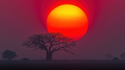 Obraz premium Retro Pixel Art of African Sunset Landscape with Tree Silhouette Under Vibrant Sky