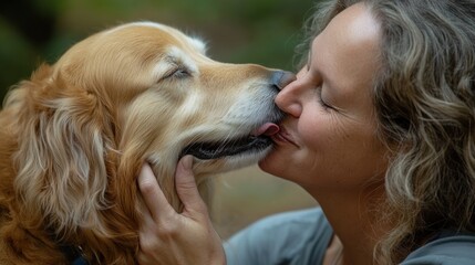 Golden Retriever and Woman Sharing a Tender Kiss Outdoors