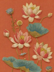 Luxurious embroidery design featuring elegant lotus flowers with shimmering gold threads and silver metallic accents on a warm orange background, creating a refined and artistic oriental textile patte