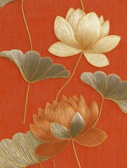 Luxurious embroidery design featuring elegant lotus flowers with shimmering gold threads and silver metallic accents on a warm orange background, creating a refined and artistic oriental textile patte