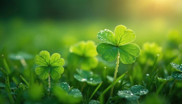Close-up of three-leaf clover with water drops on leaves. Green nature background. Symbol of luck, good fortune. Perfect for Saint Patrick Day, eco-friendly themes. Serene garden, natural beauty,
