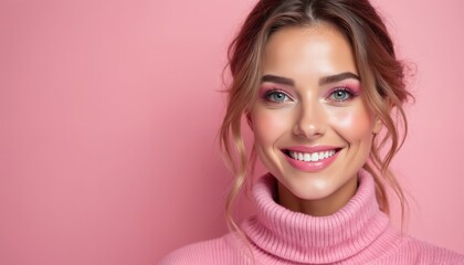 Fototapeta premium Smiling model with pink makeup and turtleneck. Soft, vibrant beauty look, stylish modern fashion portrait. Glowing skin, perfect pink eyeshadow, glossy lipstick and wavy hair.