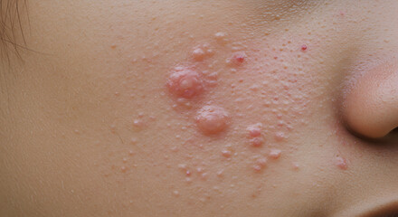 Close-up of inflamed acne vulgaris lesions on fair skin, showing papules and pustules.