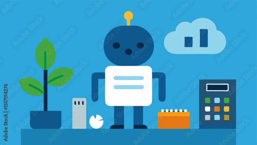 Poster carbon footprint tracker a robot with a notepad and pencil calculating carbon footprints next to var