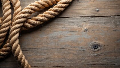 Fototapeta premium Coiled ship rope on weathered wooden background. Nautical travel concept. Marine rope texture lies on aged wood surface. Vintage design with rustic details. Marine, travel, adventure, sea exploration.