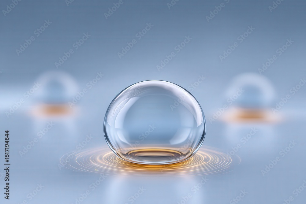 Poster clear glass sphere floating above a soft glowing background with an artistic spiral effect radiating