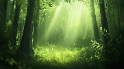 Obraz premium Sunlight streams through emerald forest