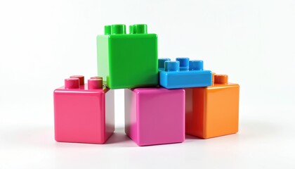 Naklejka premium Colorful plastic toy building blocks isolated on white background. Multi-colored construction bricks for fun play in preschool, childhood activity. Learn shapes and colors, education concept.