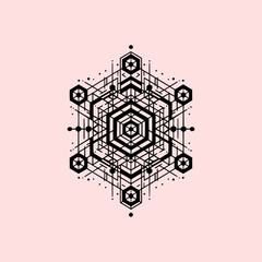 Fototapeta premium Sacred Geometric Symbol Vector Illustration with Abstract Linear Pattern and Mystical Eye on Pink Background in Modern Spiritual Style