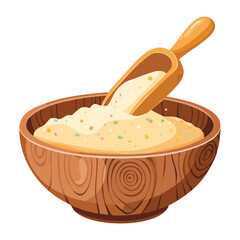 Flour in Wooden Bowl with Wooden Scoop - Vector Illustration
