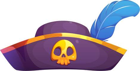 Cartoon pirate tricorn cocked hat with golden skull and blue feather. Buccaneer or filibuster costume, pirate captain or medieval sailor cartoon vector tricorne hat with golden skull and blue feather