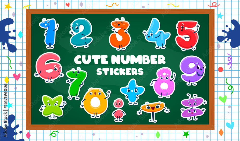 Poster Math number cartoon characters stickers with funny faces for mathematics, vector set. Kids cartoon math characters on chalkboard for school counting and arithmetic and numerals study education