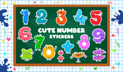 Fototapeta premium Math number cartoon characters stickers with funny faces for mathematics, vector set. Kids cartoon math characters on chalkboard for school counting and arithmetic and numerals study education