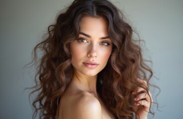 Naklejka premium AI-generated portrait beautiful woman model with wavy brunette hair. Girl has perfect skin make-up, hairstyle, soft light background. Natural beauty concept. Beauty, fashion, hair care, cosmetology.