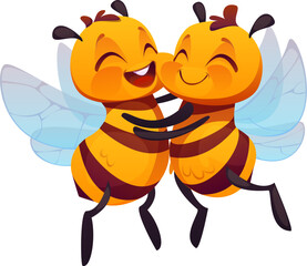 Flying and hugging honey bees happy cartoon characters. Wasp insects funny vector characters, honey bee bugs cute mascots. Garden bumblebee friends cheerful characters or honeybee baby happy personage