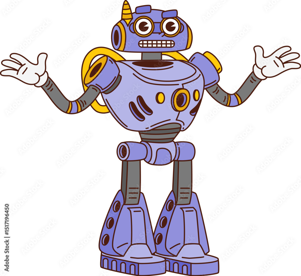 Poster cartoon groovy robot character with mechanical body, expressive face and open arm gesture. vector vi