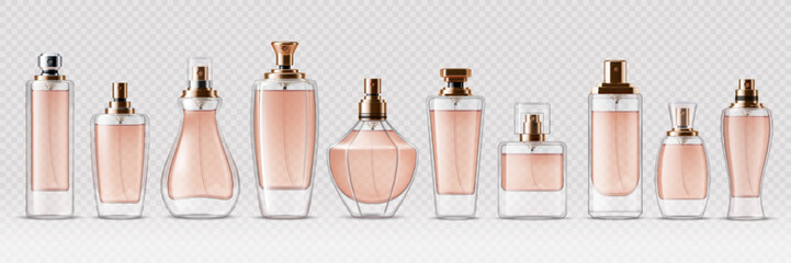 Fragrance glass bottle mockups and cosmetic spray containers, realistic vector 3D set. Perfume atomizer bottle mockups with golden cap, transparent glass sprays for luxury perfumery or cologne package