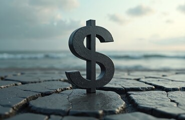 Dollar symbol stands cracked ground near ocean. Represents wealth finance investment risk money value business commerce market profit. Symbol of economic fluctuations currency stability.