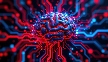 Vibrant digital brain surrounded by colorful circuits, symbolizing advanced technology and data transfer. image evokes sense of innovation and connectivity in realm of neuroscience
