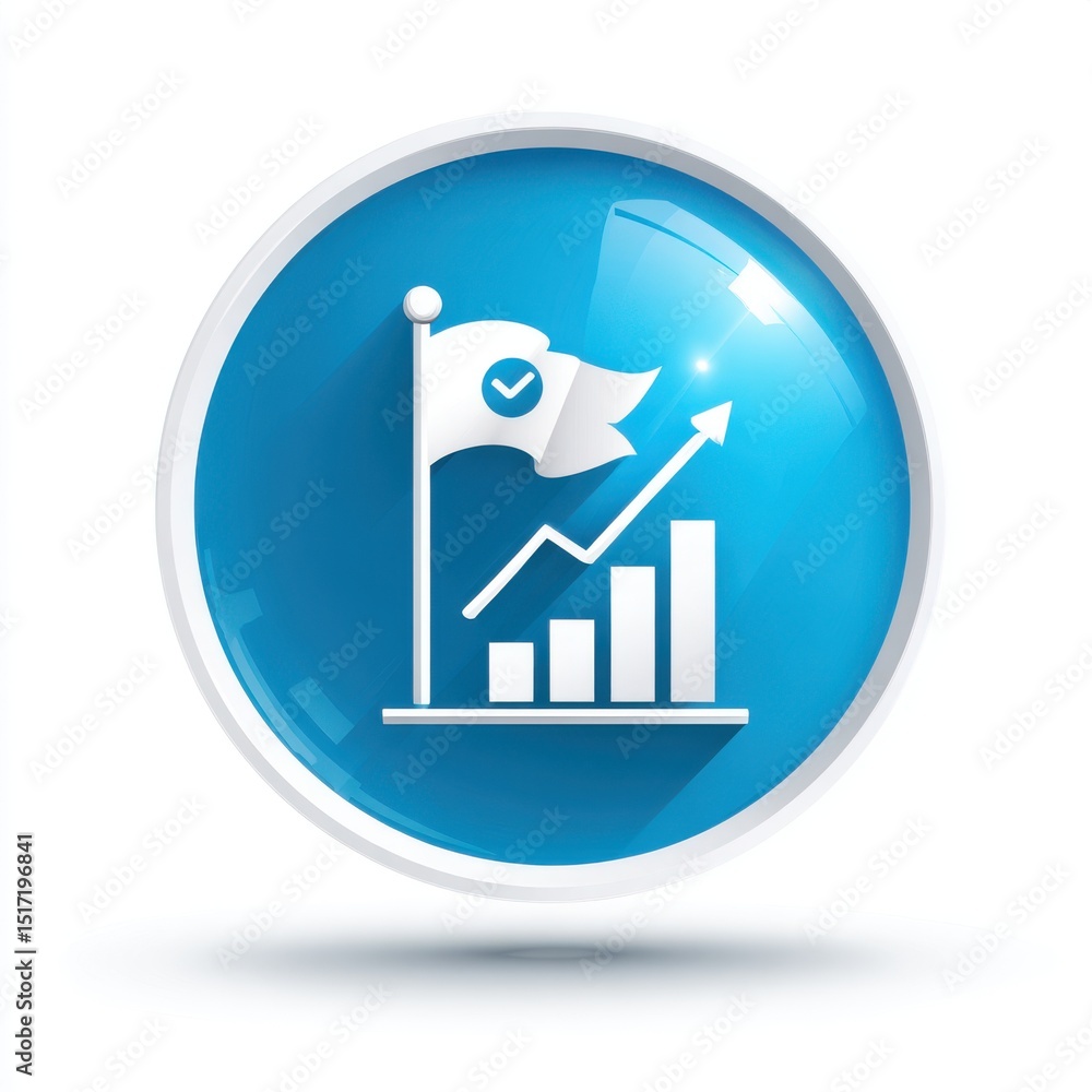 Poster a digital business chart icon with an upward trending graph and a flag symbol representing growth pr