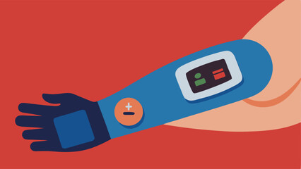 Glucose Monitor A closeup of a persons arm with a small device adhered to the skin showing a graph of glucose levels on the devices screen while a finger prepares for a sample
