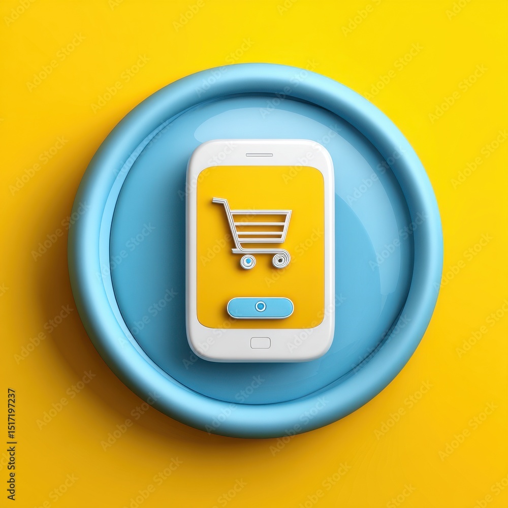 Poster a minimalist mobile device with a shopping cart icon displayed on a vibrant yellow and blue backgrou
