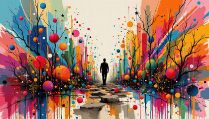 Vibrant artistic representation featuring silhouette walking through colorful landscape filled with abstract shapes and vivid colors, evoking sense of wonder and exploration