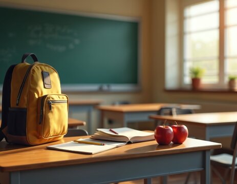 Yellow school backpack on desk in sunlit classroom. Open book, pencils, two red apples, blackboard in background. Back to school concept. Education, learning, autumn. Light from window illuminates - Powered by Adobe
