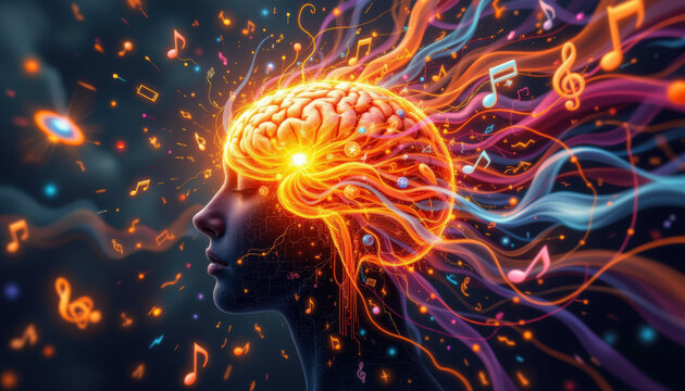 This depicts vibrant and imaginative representation of human brain, with colorful waves and musical notes emanating from it, symbolizing creativity and thought. interplay of light and color evokes