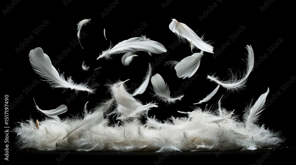 Poster white feathers floating and falling on a black background.