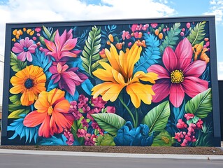 Vibrant floral mural adorning an urban building exterior with striking colors
