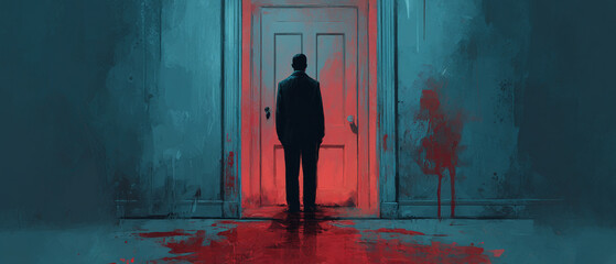 A figure stands before a door illuminated in red with ominous red stains on the floor and walls