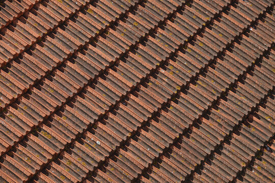 The detail of terracotta rooftop tiles, known as telhas in Portugal, is shown in a closeup view during a sunny day.