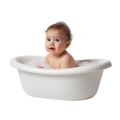 Baby in small white bathtub isolated on white background