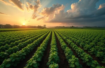 Soybean plantation at sunset with intense clouds. Rural landscape showcases rows of cultivated crops on farm field. Agriculture scenery at dusk. Harvest season, agricultural land growth food.