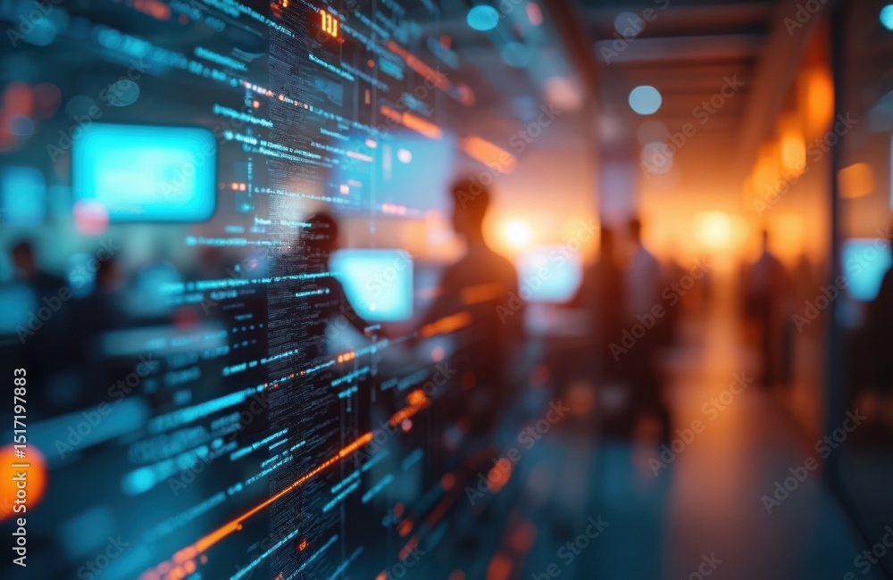 Poster blurred abstract office scene with digital data interaction. modern workspace aesthetics capture tec