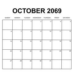 october 2069. monthly calendar design. week starts on Sunday. printable, editable, simple, and clean vector design isolated on white background.