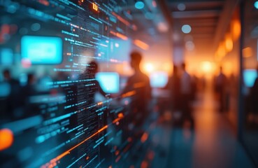 Blurred abstract office scene with digital data interaction. Modern workspace aesthetics capture technology role. Information processing in progress, innovation connectivity, communication, virtual